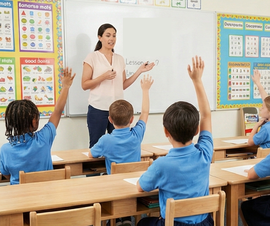 Teacher showing children an abacus in a classroom.