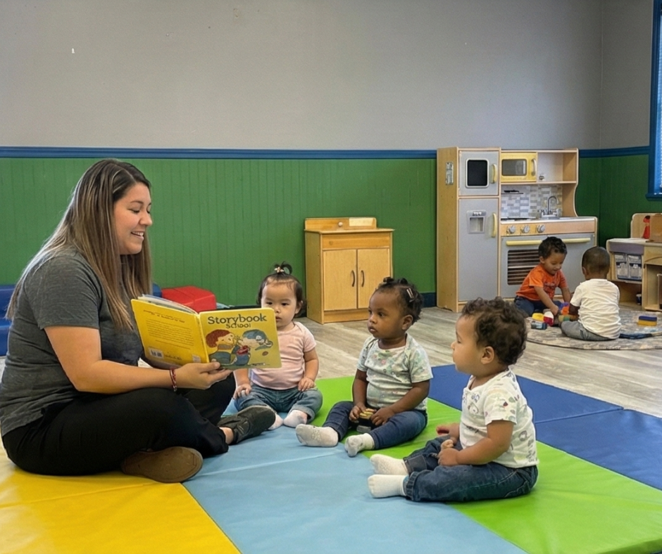 Woman feeding a baby a bottle in a playroom, another baby on a mat.