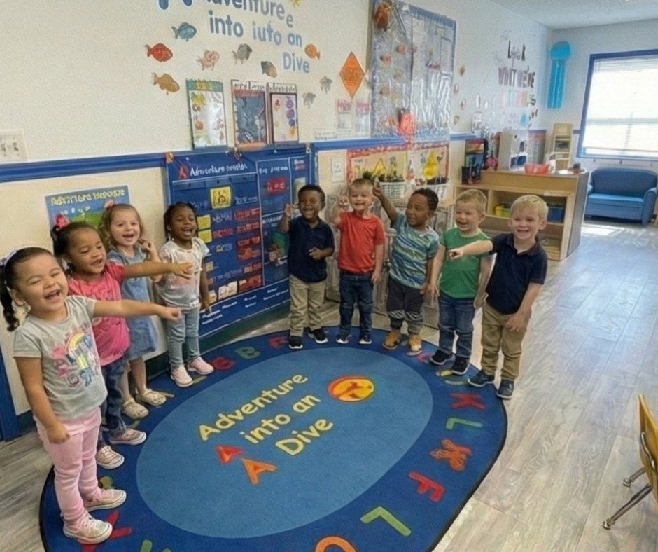 Children and an adult in a classroom; some seated at desks, some on the floor playing a board game.