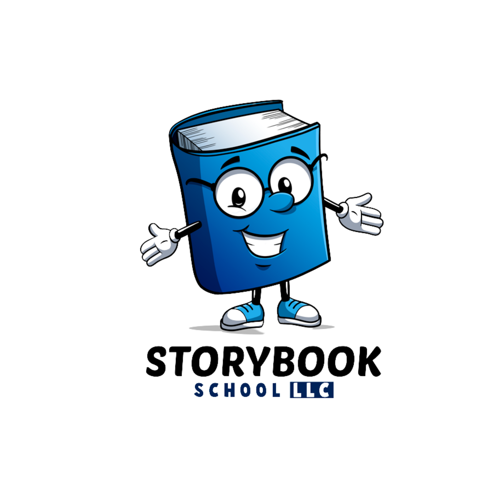 A cartoon illustration of a blue book with arms and legs.