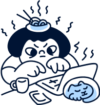 A stressed person working on a laptop, with noodles on their head and a sleeping cat beside them.
