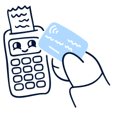 Hand holding a light blue credit card over a payment terminal.