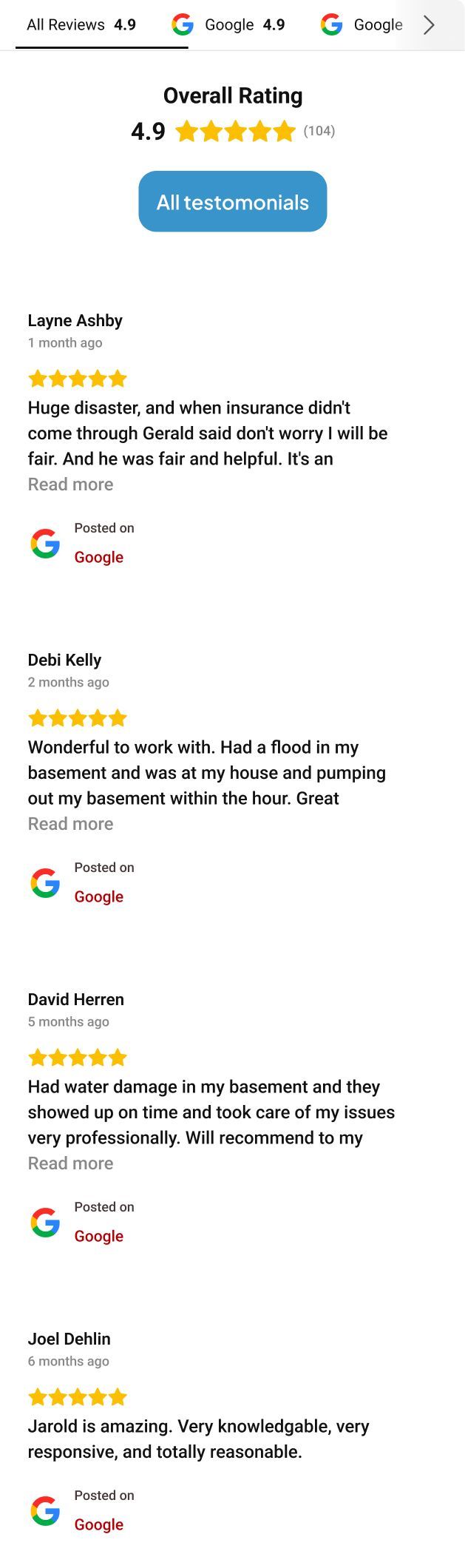 Customer reviews with 4.9 stars, including text and a button to leave a review.