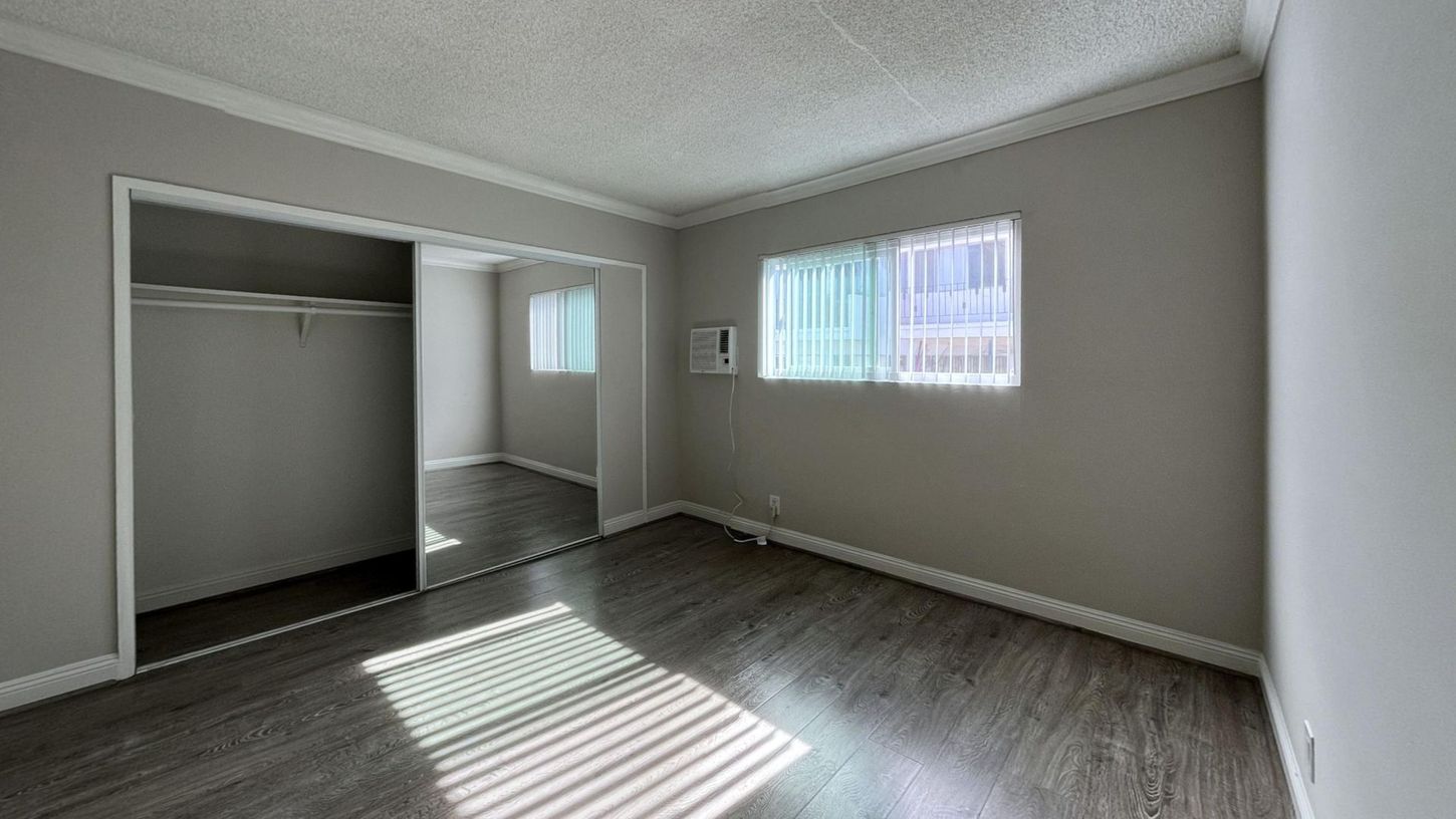 Empty bedroom with closet, two windows, gray walls, and wood-look flooring. Sunlight streams in.