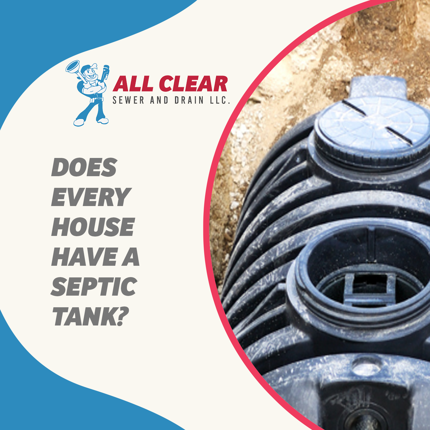 Ad for All Clear Sewer and Drain, with a septic tank and question: Does every house have a septic tank?