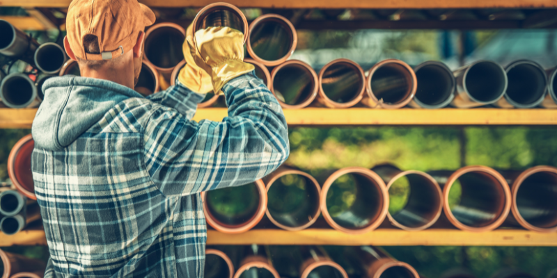 A worker in plaid shirt and hard hat inspects pipes on shelves.