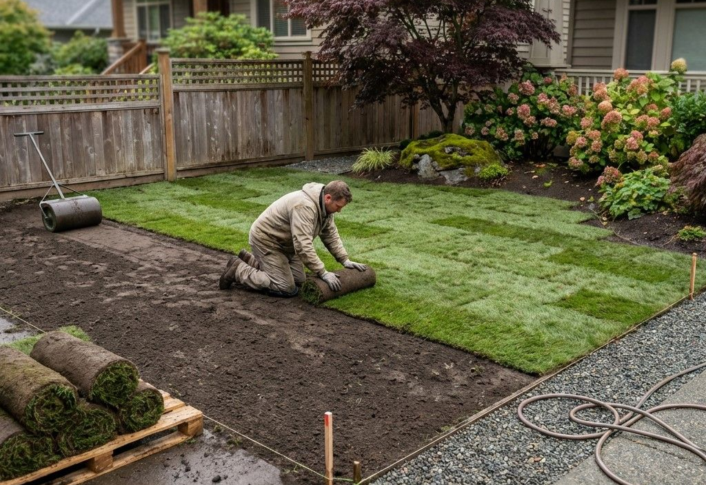A man on his knees rolling out fresh sod in a backyard