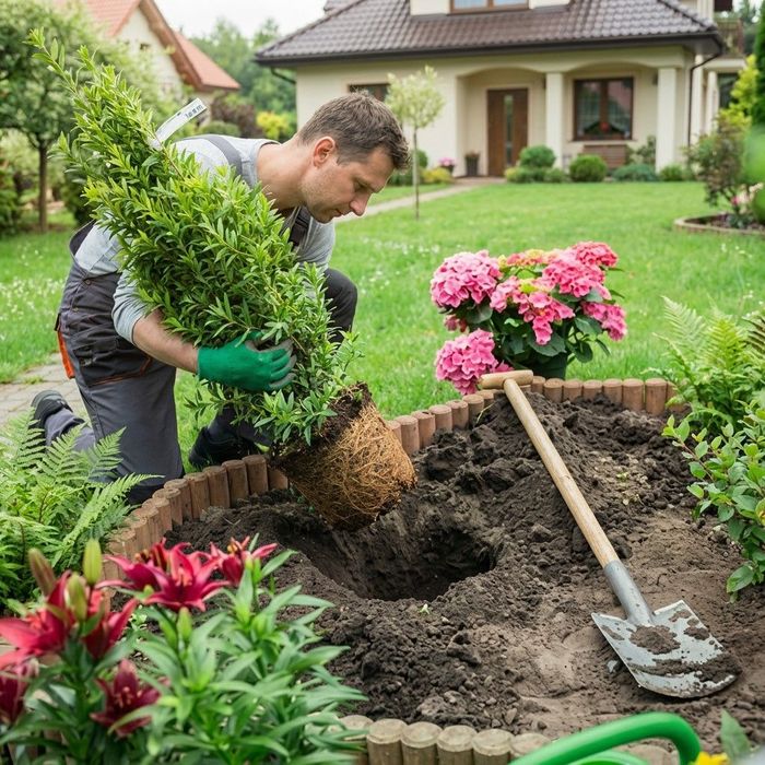 A landscape designer is planting a small shrub into a garden bed.