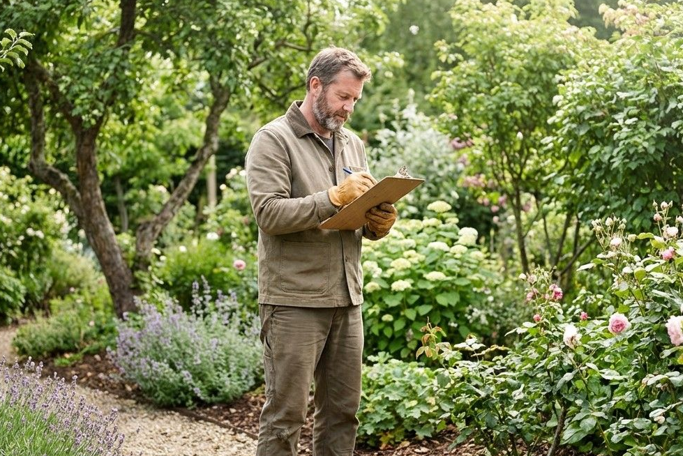 One of the landscapers near me assessing a garden for a quote.