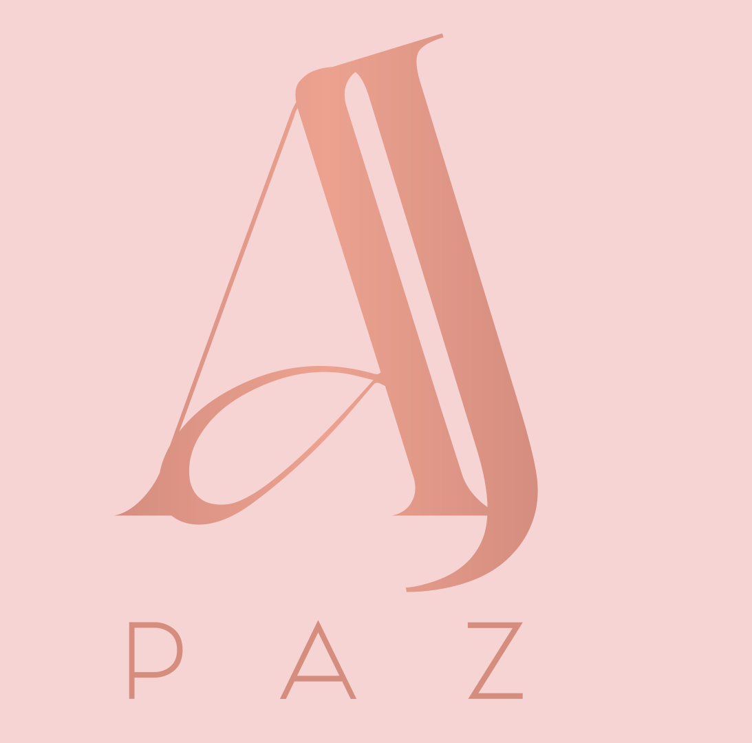 Logotipo en oro rosa: “A” y “J” estilizadas con “PAZ” debajo, sobre un fondo rosa.