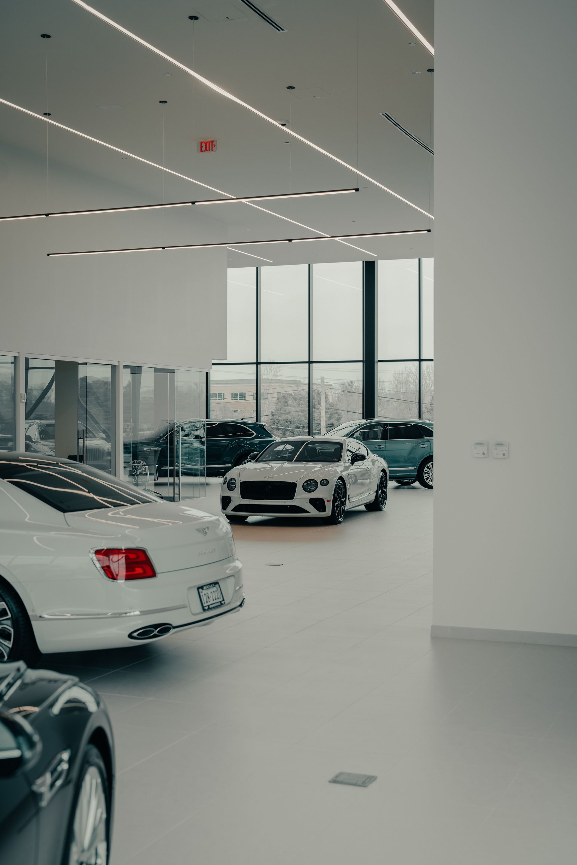 Bright car showroom with several white and dark cars near large windows