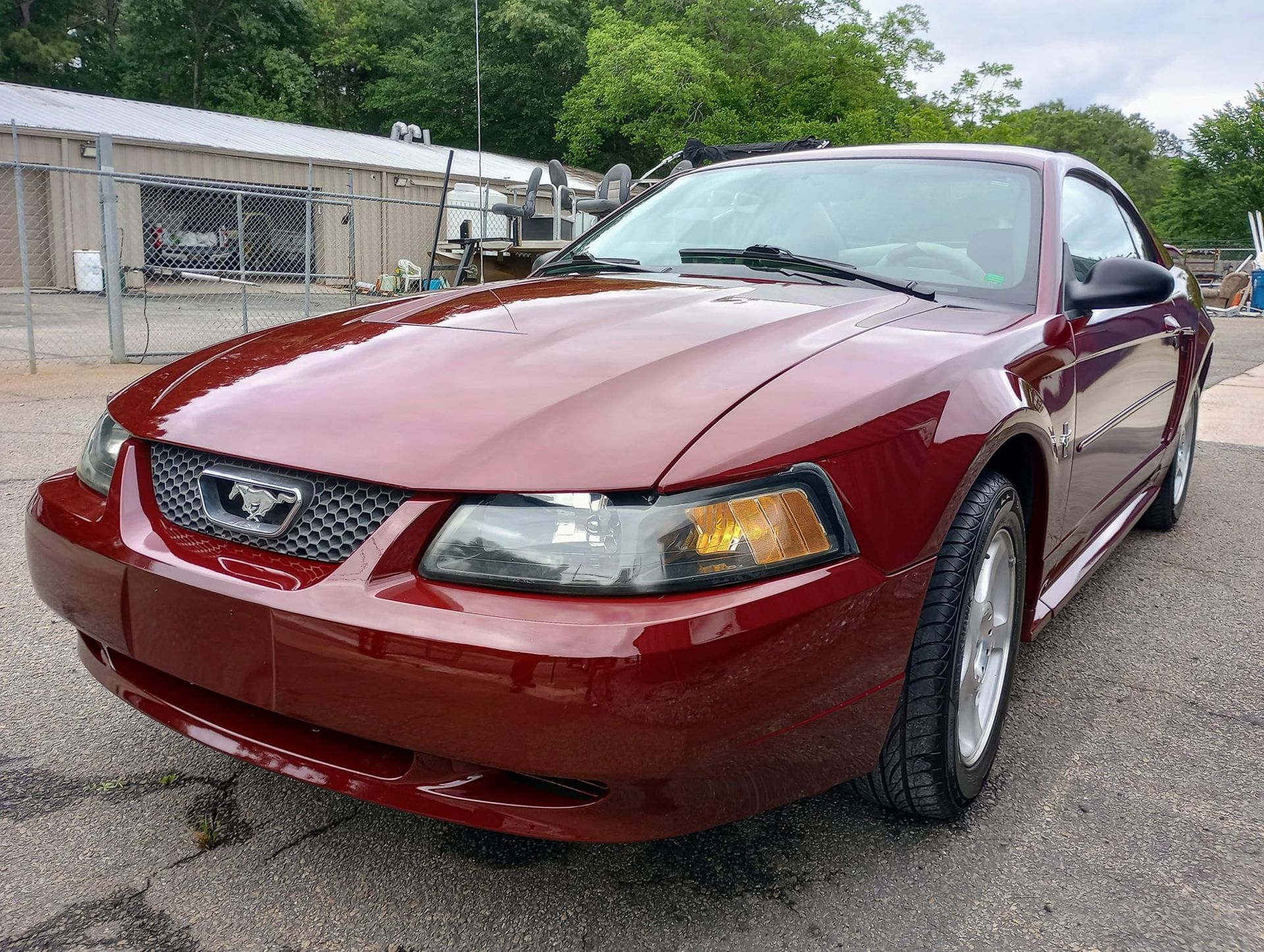 Maroon Ford Mustang parked outdoors on a wet lot