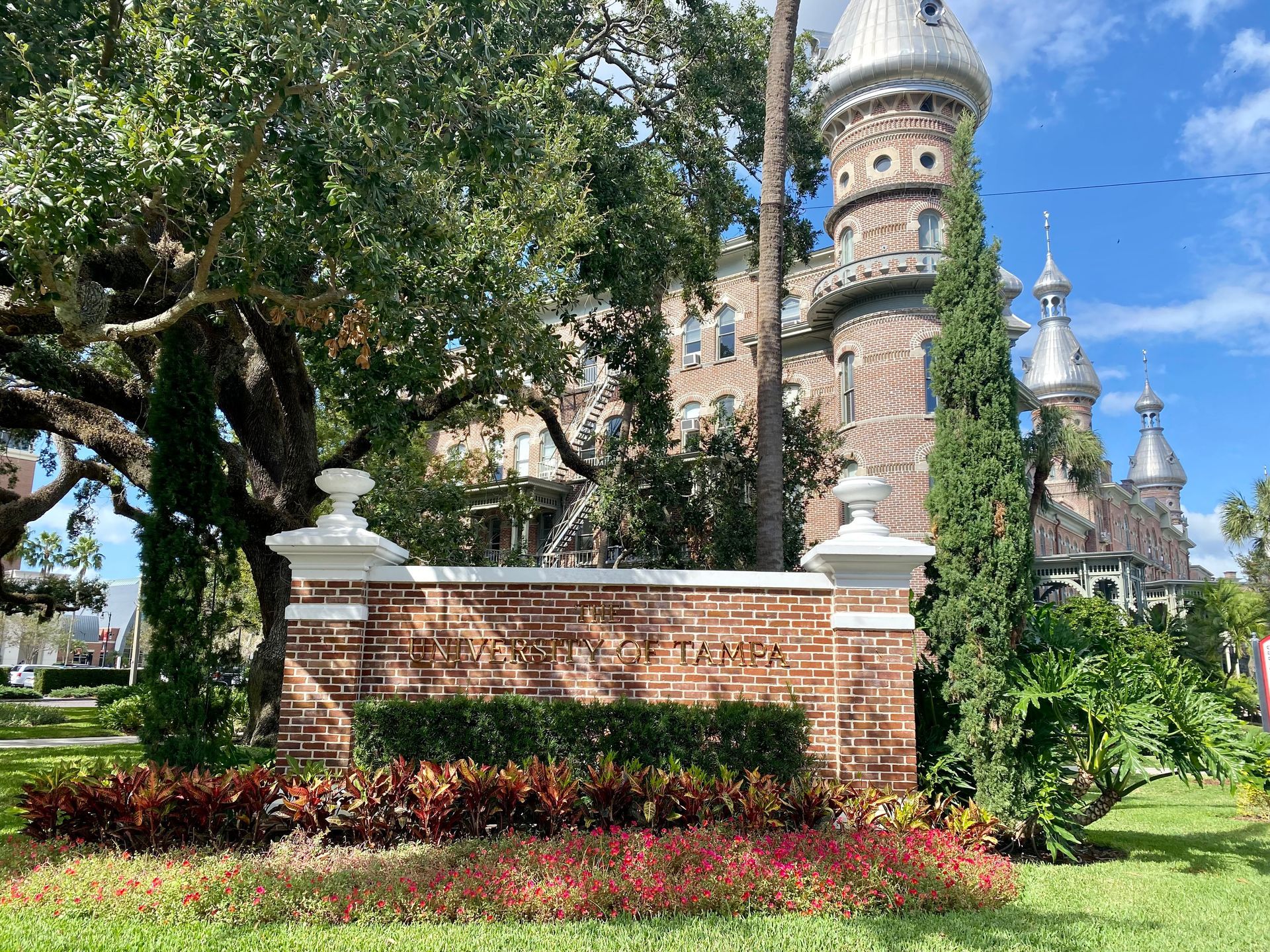 There is a castle in the background and a brick wall in the foreground.
