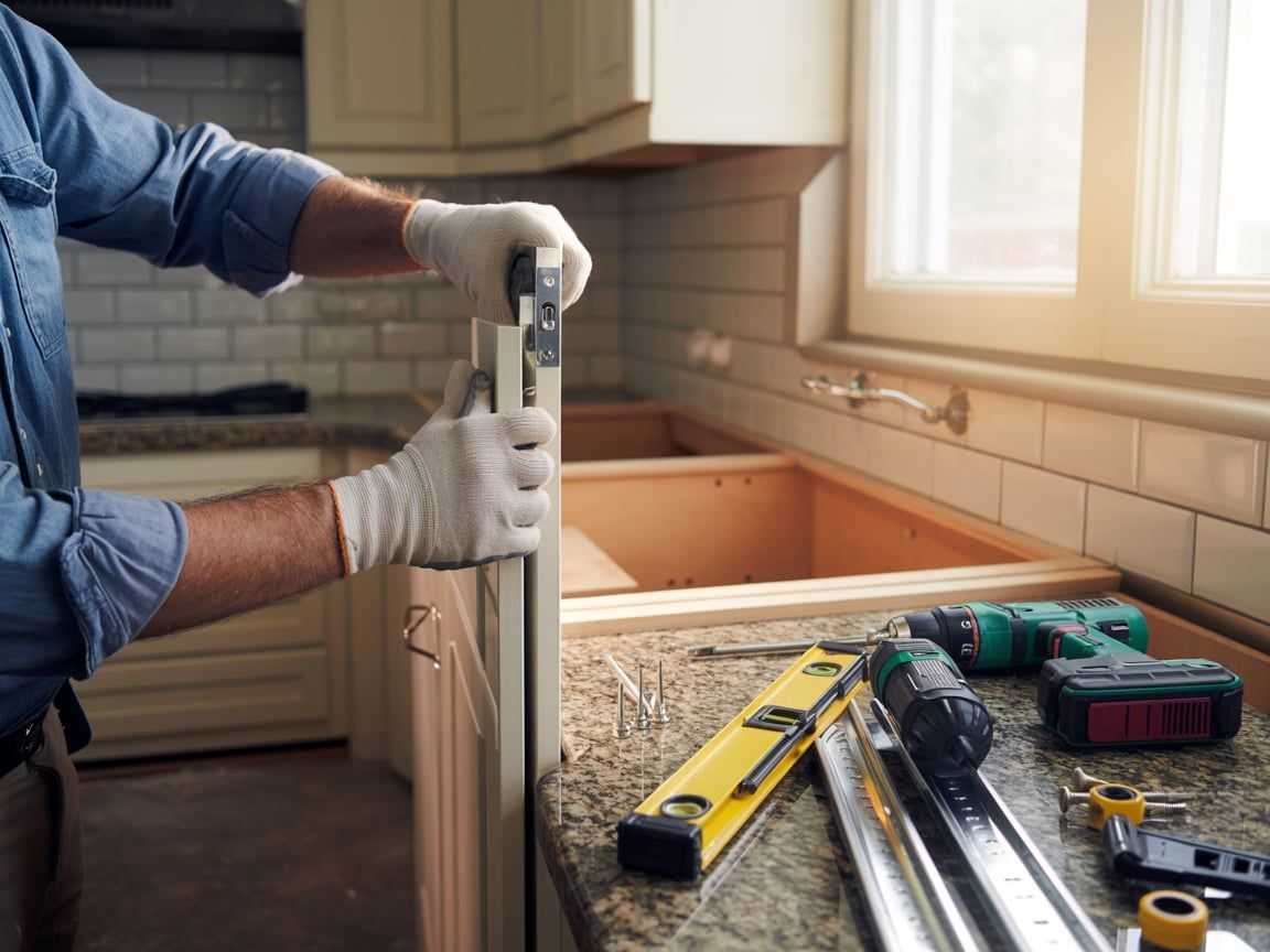 Person installing kitchen cabinets, wearing gloves, using tools on a countertop in a sunlit room.