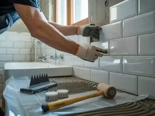 Person tiling a wall with white subway tiles in a bathroom; tools and sink in view.