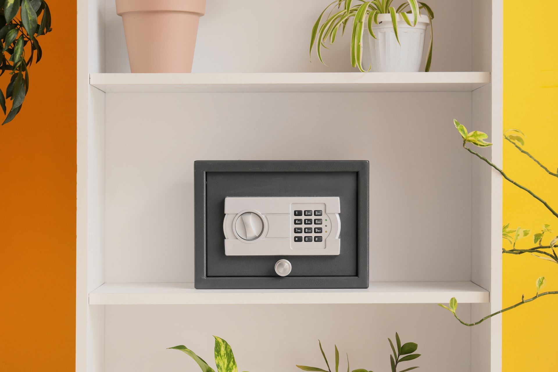 A safe is sitting on a shelf next to potted plants.