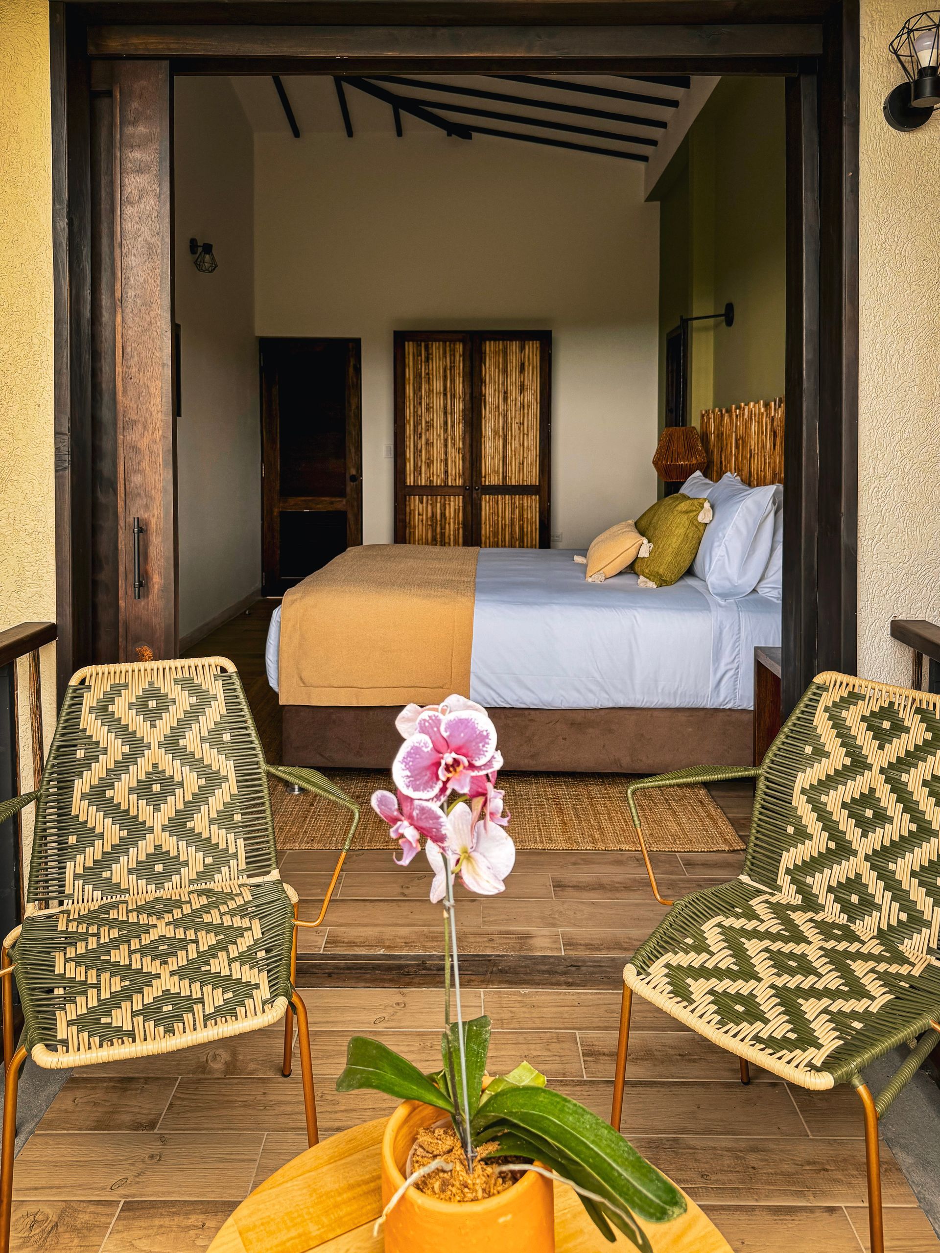 Un dormitorio con una cama, sillas, una mesa y una planta en maceta.