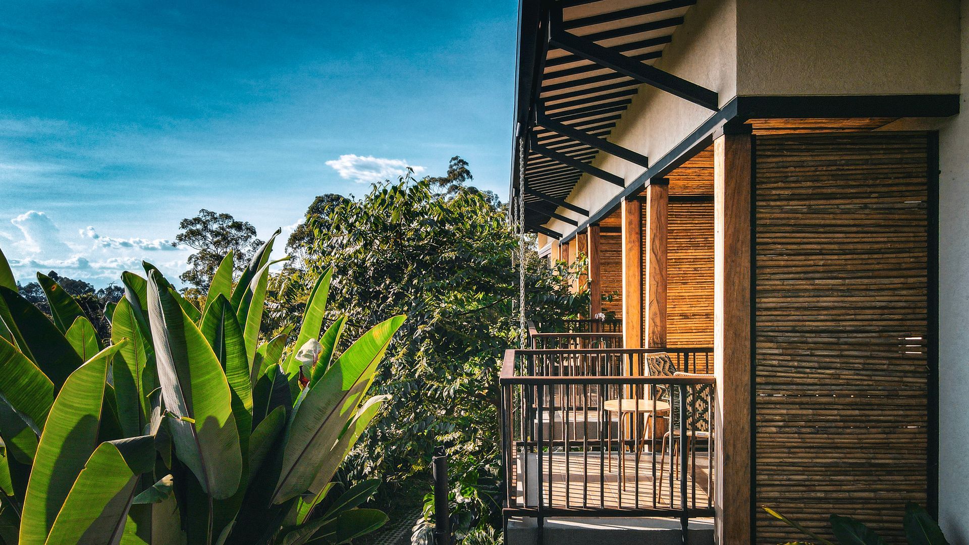 Un balcón en el lateral de un edificio con árboles al fondo.