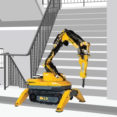 A robotic arm is standing next to a set of stairs