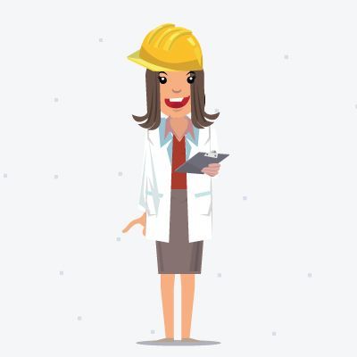 A woman wearing a hard hat and a lab coat is holding a clipboard.