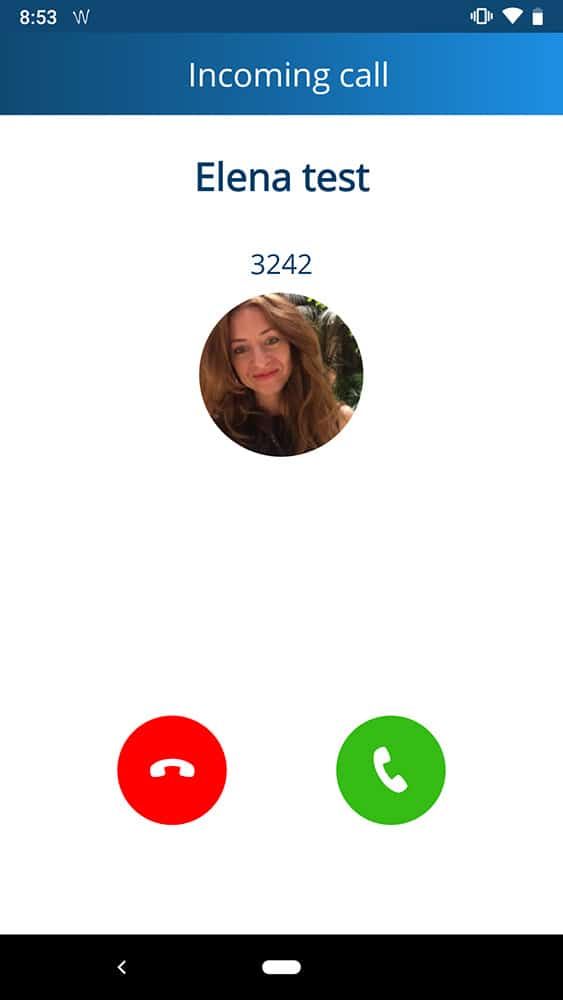A phone screen shows an incoming call from elena test
