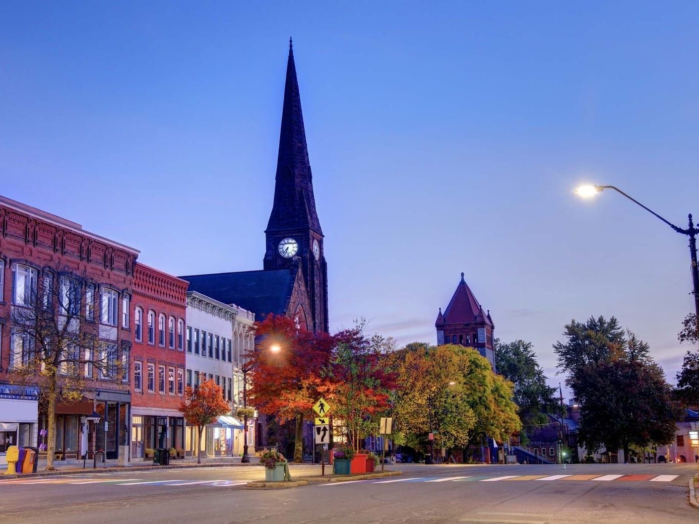 A city skyline at night in Massachusetts