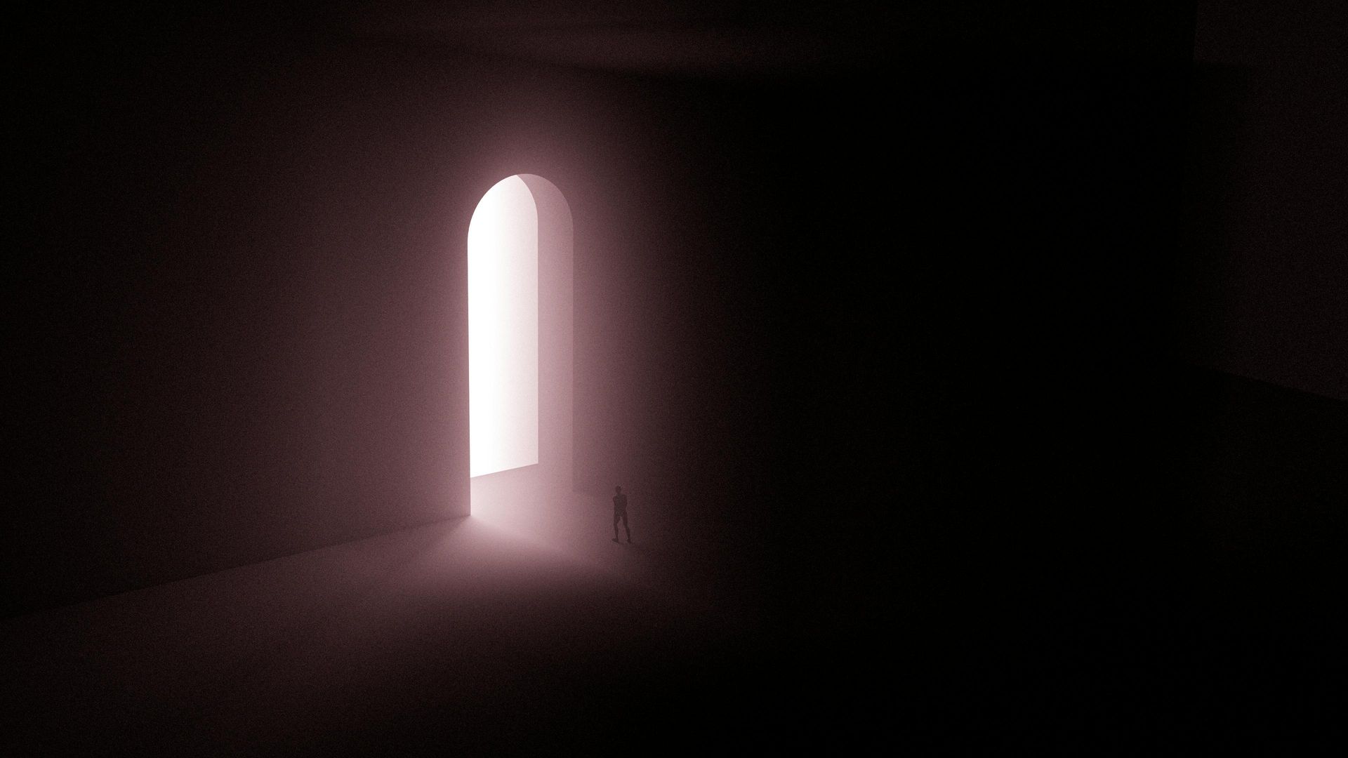 Arched doorway emits bright white light in a dark, empty room.