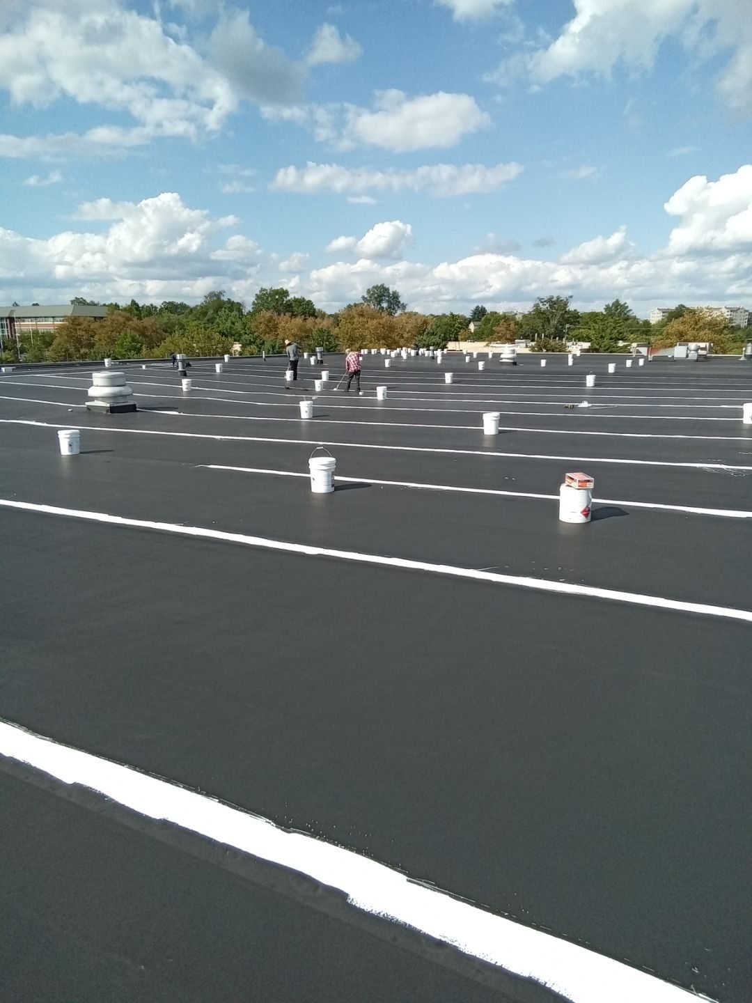 Workers on a flat roof applying white lines and coatings, with buckets and a blue sky overhead.