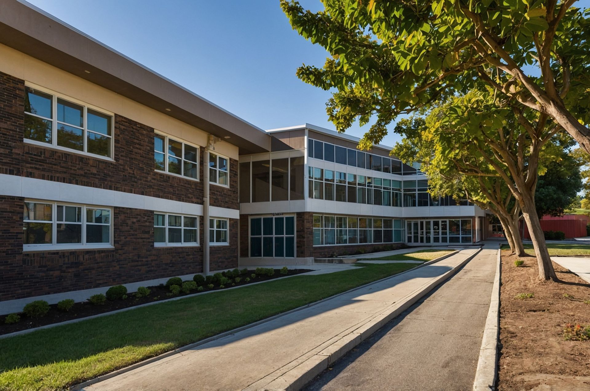 Brick building with multiple windows, walkway, and trees on a sunny day.