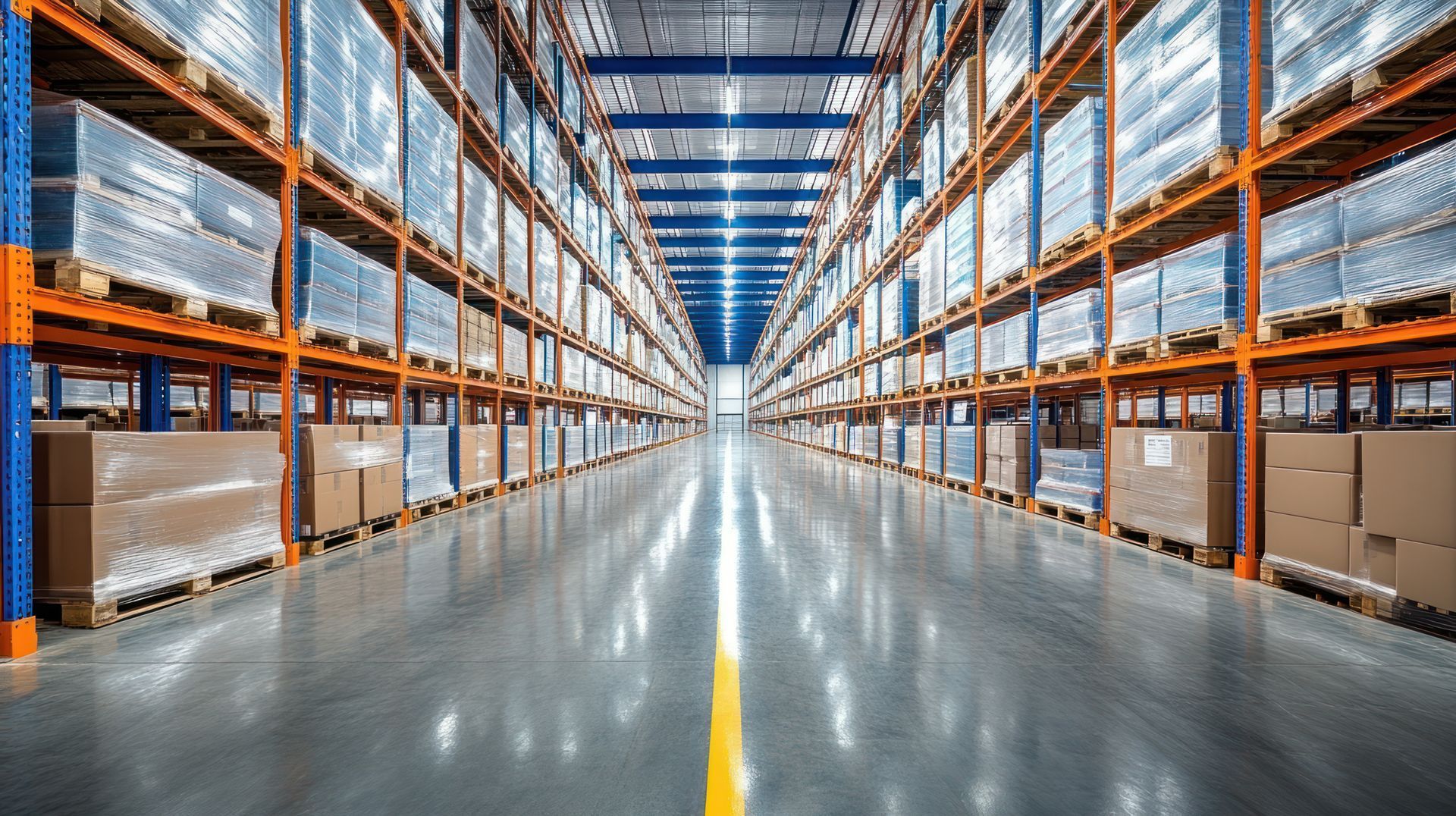 Warehouse interior with tall orange shelving filled with packaged goods, concrete floor with a yellow line.