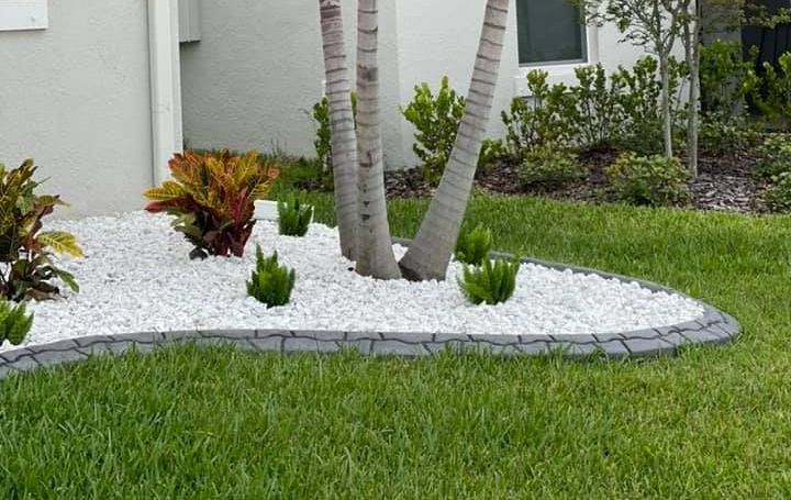 A garden with white rocks and plants in front of a house.