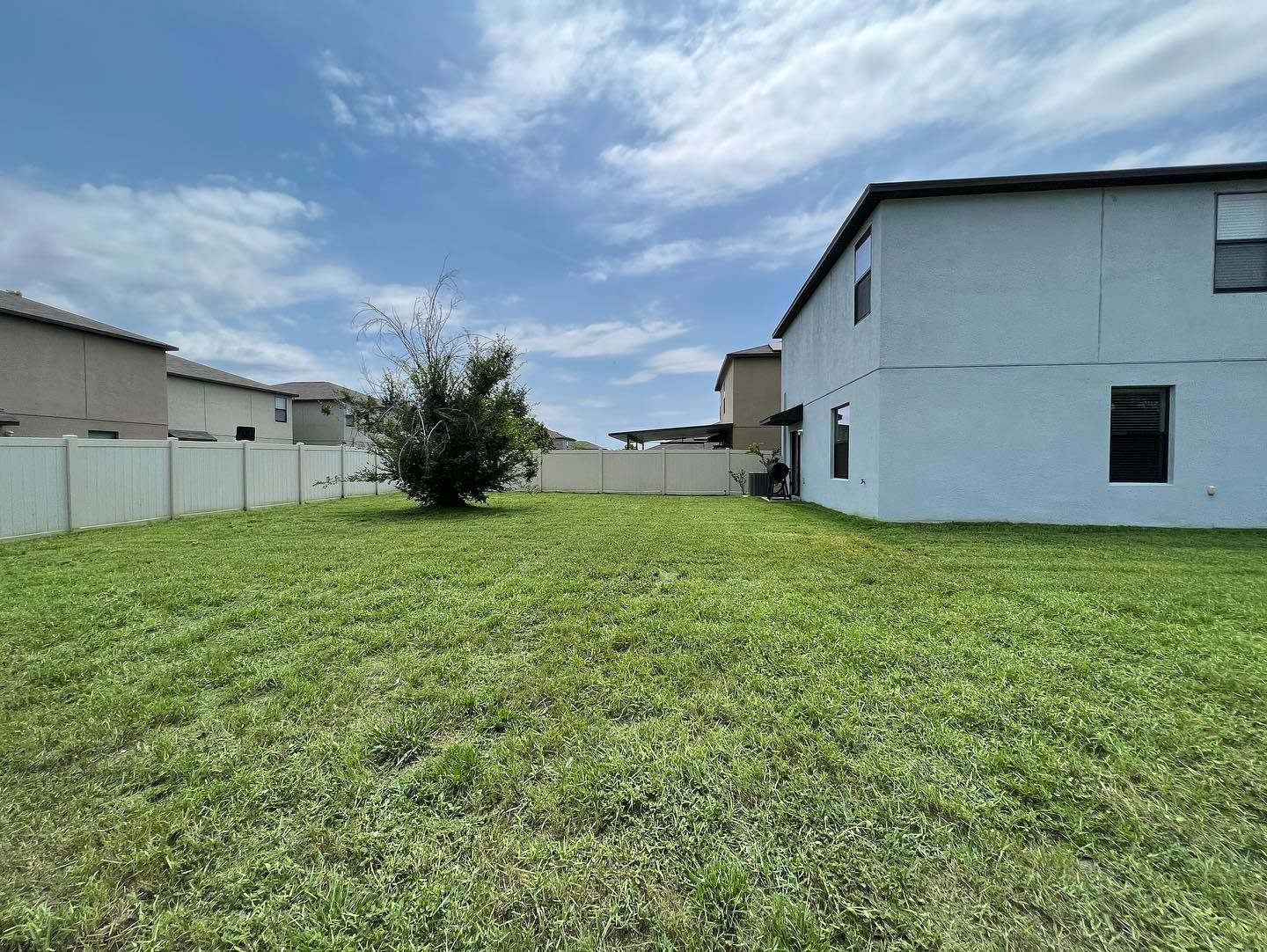 A large lawn in front of a house on a sunny day