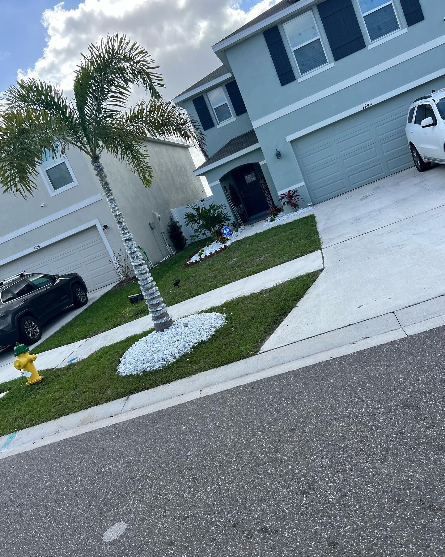 A house with a car parked in front of it and a fire hydrant.