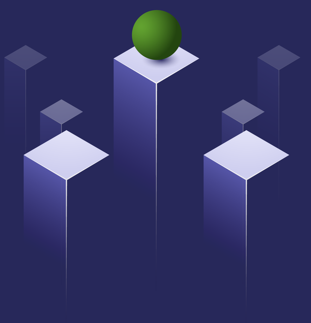 A green ball is sitting on top of a white cube.