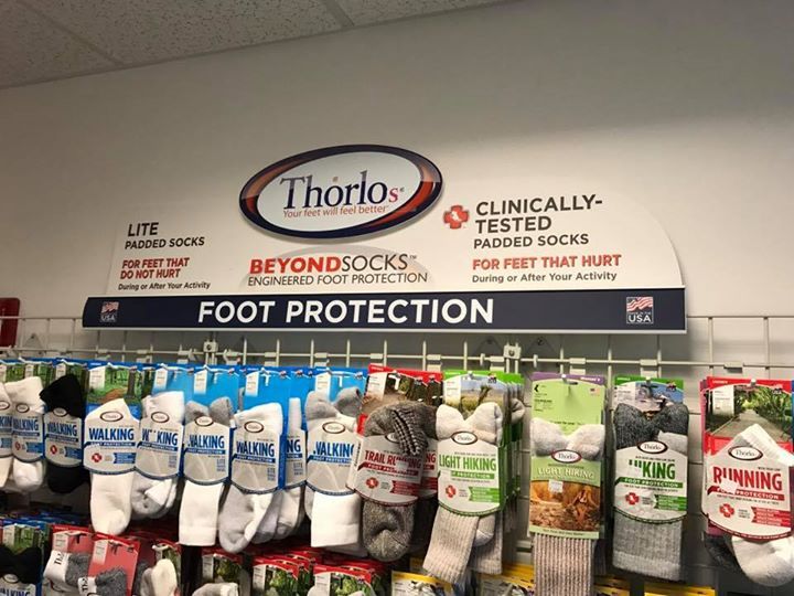 A display of foot protection socks in a store