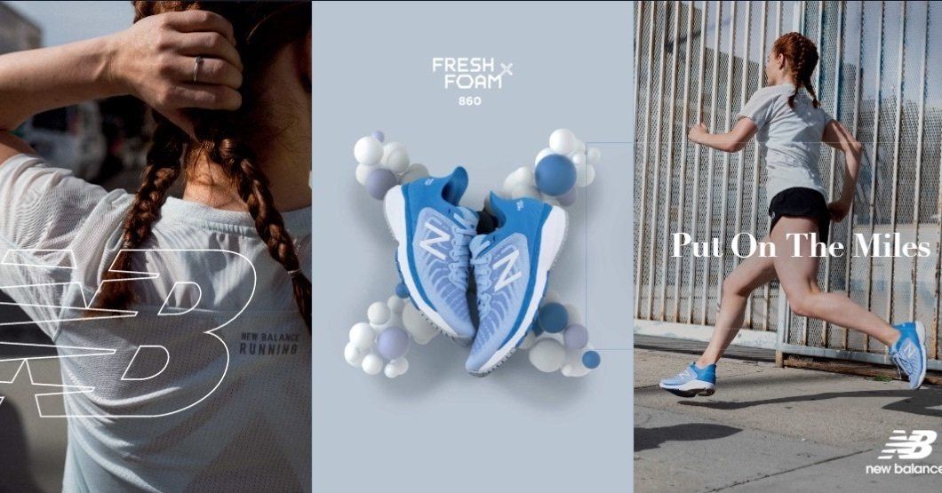 A woman is running in a pair of blue new balance shoes.