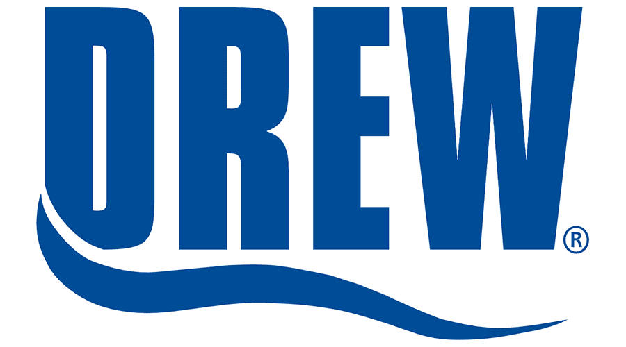 The logo for drew is blue and has a wave in the middle.
