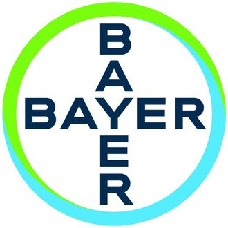 Het Bayer-logo: donkerblauwe "BAYER" in een witte cirkel, omlijst door een groen-blauwe ring.