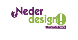 Nederdesign-logo, paarse en groene tekst met vraagteken en uitroepteken, slogan "Internetprofessionals".