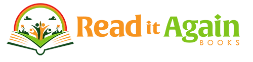 Logo for "Read it Again Books" with open book and people under a rainbow.