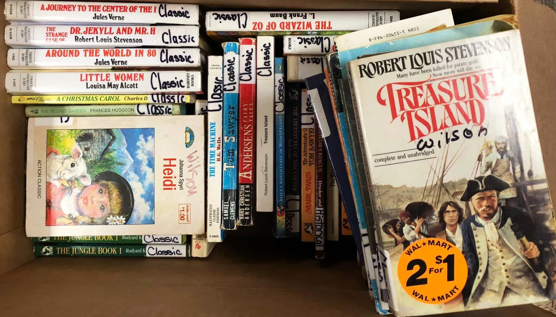 Box of books, mostly classics.