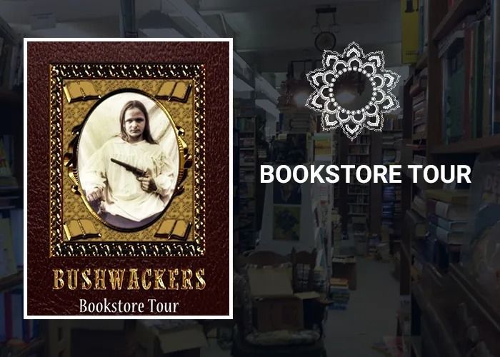 Bookstore tour graphic with book cover inset: an old photo with a person holding a gun, and interior bookstore view.