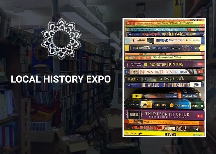 Local History Expo logo over a bookstore with stacked books.