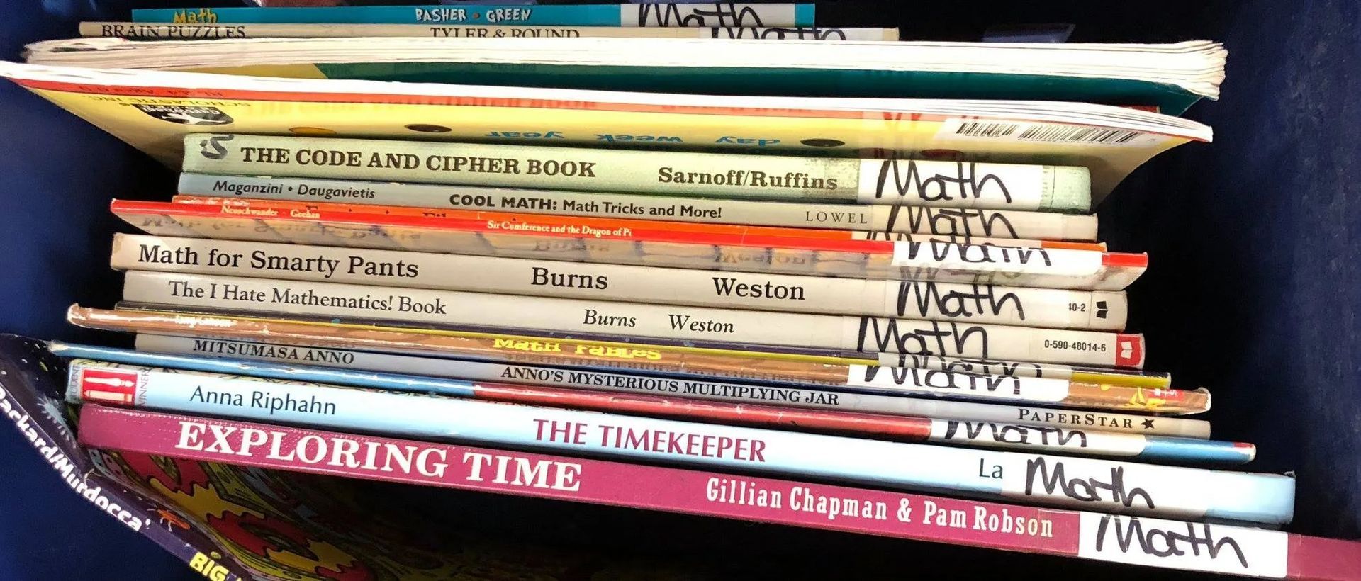 Stack of books labeled 