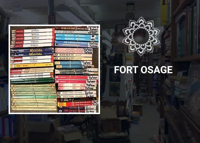 Stack of colorful vintage books in a bookstore, with the text 