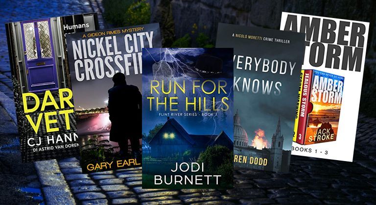 Book covers for crime and suspense novels arranged on a blurred brick background.
