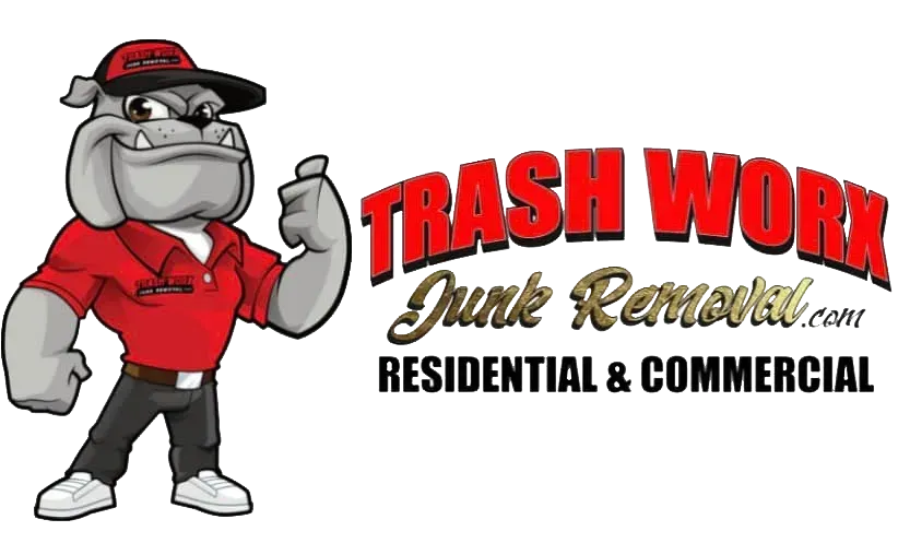 A cartoon bulldog is standing in front of a trash work junk removal logo.