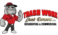 A cartoon bulldog is standing in front of a trash work junk removal logo.