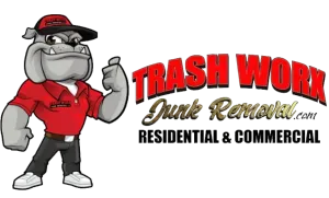 A cartoon bulldog is standing in front of a trash work junk removal logo.