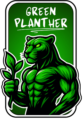 Een groene panter houdt een plant in zijn poten.